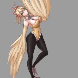 1girls 2023 bird bird_feet bird_girl black_legwear blonde_hair blue_eyes bunnyfaqer bunnysuit bunnytober clothed clothing feathered_wings feathers female female_only harpy harpy_girl indie_virtual_youtuber large_breasts legwear light-skinned_female light_skin looking_at_viewer lucastre_mavia shiny_clothes simple_background thick_thighs virtual_youtuber vtuber winged_arms wings yellow_bunnysuit yellow_feathers yellow_wings