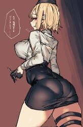 absurdres akitaka_takaaki ass blonde_hair breasts colored_eyelashes female girls'_frontline hat highres hip_focus huge_ass looking_at_viewer looking_back medium_breasts mp40_(girls'_frontline) open_mouth pen plump shirt short_hair smile solo translated