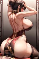 1girls ai_generated ai_love_higokko ass back backboob backless_outfit breasts brown_hair china_dress dat_ass female hi_res holaraai huge_ass huge_breasts light-skinned_female light_skin long_hair naughty_face original original_character red_eyes thick_thighs