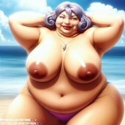 4k ai_generated anime bbw beach big_breasts bikini_bottom breasts chubby chubby_female female female_only gilf granny hands_behind_head hataraku_maou-sama! highres large_breasts looking_at_viewer matronai_(artist) mature mature_female mature_woman miki_shiba obese obese_female old older_female overweight overweight_female patreon patreon_username pinup ssbbw stable_diffusion twitter_username