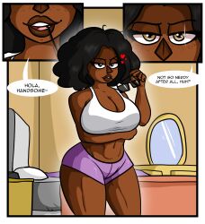 background dark_skin english_text female huge_ass huge_breasts looking_at_viewer max1mus original_character shorts stella_(max1mus) tank_top text text_bubble thick_thighs toned_female