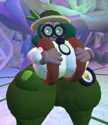 backpack big_ass big_breasts black_mouth black_shoes black_skin breasts bubble_ass bubble_butt cave cookie cookie_run cookie_run_kingdom explorer female female_only green_eyes green_pants hat olive_cookie rec_room thick_ass thick_thighs weirdmaker43 yellow_shirt