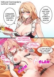 1boy 2d bechu bikini blonde_hair blue_eyes blush cleavage dialogue female frilled_bikini frills g36_(girls'_frontline) girls'_frontline half-closed_eyes pubes pubic_hair swimsuit tagme tears text untied_bikini vaginal_penetration