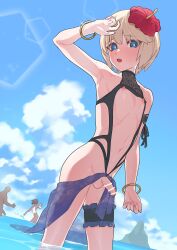 1boy background_characters balls ballsack bar_censor bare_shoulders beach belly black_bikini blonde_hair blue_eyes blue_sky blush censored clothing_aside cloud commission crossdressing femboy flower flower_in_hair foreskin girly hair_flower hair_ornament highleg highres homare_nao intact looking_at_viewer looking_down male male_focus male_nipples male_only medium_hair mubo navel nipples open_mouth otoko_no_ko outdoors partially_retracted_foreskin penis people pixiv_commission red_flower revealing_swimsuit scrotum semi-erect shaved_crotch sky slingshot_swimsuit smile smooth_penis smooth_skinned_male solo solo_focus swimsuit taimanin_(series) taimanin_rpgx testicles trap uncut water