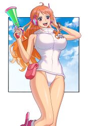 1girls big_breasts blush boots breasts brown_eyes clothed clothed_female clothing curvy egghead female female_only front_view futuristic gun laser_gun leotard long_hair nami one_piece one_piece:_egghead_arc orange_hair panties post-timeskip sky sky_background solo thick_thighs wide_hips yohkn3