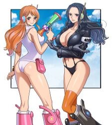 2girls ass ass_focus belly_button big_breasts bikini_bottom bikini_uniform black_hair blue_sky blush boots breasts brown_eyes cleavage clouds crossed_arms curvy dat_ass egghead female female_only futuristic gun headgear high-tech_boots large_breasts laser_gun legs leotard light-skinned_female long_hair mature_female midriff nami nico_robin nico_robin_(egghead) no_pants one_piece one_piece:_egghead_arc orange_hair panties post-timeskip skimpy sky sky_background slim_waist suspenders thick_thighs thighhighs wide_hips yohkn3