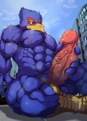 absurd_res anthro avian big_penis bird blue_body blush bodily_fluids erection falco_lombardi genital_fluids genitals hi_res macro male masturbation nintendo penis penis_grab precum sitting solo star_fox sweat wattyo