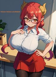 1girls ai_generated big_breasts glasses hi_res horn horns huge_breasts ilulu_(dragon_maid) large_breasts mabi_ai miss_kobayashi's_dragon_maid office_lady orange_eyes pantyhose pink_hair pleated_skirt shirt skirt thick_thighs twintails wide_hips