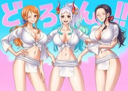 3girls big_breasts black_hair blue_background busty cleavage closed_eyes female female_only gradient_hair hips horns large_breasts long_hair looking_at_viewer nami nami_(one_piece) nico_robin one_piece orange_hair pink_and_blue pink_background ponytail post-timeskip standing two_tone_hair white_hair wide_hips wink yamato_(one_piece) yohkn3