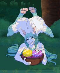 anthro ass baby_the_bunny blue_body blue_eyes blue_fur blue_hair breasts celestbrook celestbrookarts easter easter_egg exhibitionism female fur hair hi_res holidays lagomorph leg_markings leporid mammal markings nipples nude outside rabbit socks_(marking) solo white_body white_fur