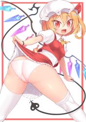 :d absurdres ascot ass blonde_hair blush border bracelet breasts butt_crack cameltoe cleft_of_venus clothes_lift collared_shirt crystal female flandre_scarlet frilled_skirt frills harunoha hat highres jewelry laevatein_(touhou) lifted_by_self looking_at_viewer mob_cap oerba_yun_fang one_side_up open_mouth panties puffy_short_sleeves puffy_sleeves red_border red_eyes red_skirt red_vest shirt short_hair short_sleeves skirt skirt_lift slit_pupils small_breasts smile thighhighs touhou underwear variant_set vest white_background white_headwear white_panties white_shirt white_thighhighs wings yellow_ascot