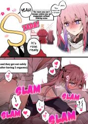 1boy 2d ass bechu blue_eyes blush dialogue female girls'_frontline heart pink_hair pleasure_face pounding prone_bone spoken_heart st_ar-15_(girls'_frontline) tagme tears text