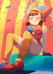 2023 2d 2d_(artwork) 2d_artwork artist_request ass big_ass blush breasts brown_hair female glitch_productions gloves gooseworx jester jester_costume jester_hat jester_outfit looking_to_the_side pomni pomni_(the_amazing_digital_circus) shoes short_hair small_breasts sweat sweatdrop sweating tagme the_amazing_digital_circus thick_thighs thighhighs thighs white_body