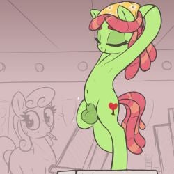 1:1 absurd_res animal_genitalia balls carrot_top_(mlp) equid equine feral friendship_is_magic ftg_crossgender fti_crossgender genitals green_body gynomorph hasbro hi_res intersex mammal my_little_pony navel rule_63 stretching t72b tree_hugger_(mlp)