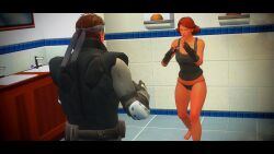 1boy 1girls 3d bare_legs barefoot bathroom breasts conflict(artist) female fighting_stance meryl_silverburgh metal_gear metal_gear_solid no_pants panties red_hair sfm solid_snake standing tagme tank_top thick_thighs thighs thong tomboy topwear underwear