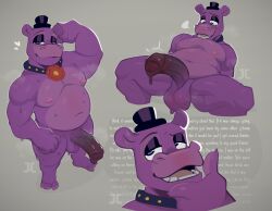 absurd_res anthro balls big_penis bodily_fluids clothing collar common_hippopotamus erection eyelids five_nights_at_freddy's flexing foreskin genitals hat headgear headwear hi_res hippopotamid humanoid_genitalia humanoid_penis jumpy_jackal male male_only mammal mr._hippo narrowed_eyes overweight overweight_anthro overweight_male penis purple_body scottgames small_hat solo sweat text top_hat