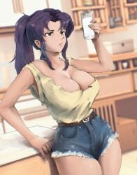 1girls big_breasts cleavage clothed drink fully_clothed kitchen milk misato_katsuragi missfaves neon_genesis_evangelion ponytail shorts tank_top yellow_shirt