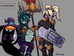 2girls baby_kicking big_breasts blush clothing critical_hit devil_draenor furry green_hair green_skin growling hammer lactation league_of_legends poppy pregnant purple_eyes rabadon's_deathcap riot_games shadow_(lol) shield time_skip vex_(league_of_legends) yordle