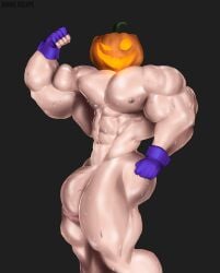 1boy 2022 ariel_felipe balls bara bara_tits barazoku big_balls big_penis completely_nude fingerless_gloves flexing_bicep gay gloves half-erect halloween hi_res highres holidays jack-o'-lantern jack_o'_lantern looking_at_viewer male male_focus male_nipples male_only manly muscular_male nipples nude penis pumpkin pumpkin_head pumpkin_head_(character) solo solo_male sweat sweating wet yaoi