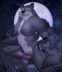 1boy 2022 anthro balls barazoku big_balls big_penis canid canine canis erection fur furry gay halloween hard_on hi_res highres holidays humanoid_genitalia humanoid_penis looking_at_viewer male male_focus male_nipples male_only mammal manly mavekkart muscular_anthro nipples penis precum precum_drip solo solo_male werecanid werecanine werewolf wolf