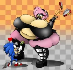 1boy 1girls amy_rose anthro ass belly blue_fur blue_hair boots breasts chocolate_box cleavage fat female female_focus flower furry goth goth_girl green_eyes hairband heart hedgehog hedgehog_humanoid hips hyper hyper_breasts kneeling large_ass large_breasts male miniskirt morbidly_obese nipple_bulge obese overweight overweight_female panties pink_fur pink_hair scaroused sega sharp_teeth skirt sonic_(series) sonic_the_hedgehog sonic_the_hedgehog_(series) stomach thick_thighs thighs underwear wide_hips xanderdwulfe