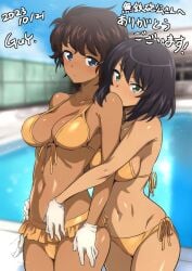 2girls bikini black_hair blue_eyes blush breasts brown_hair cleavage closed_mouth collarbone dated girls_und_panzer gloves gold_bikini green_eyes hoshino_(girls_und_panzer) hug large_breasts looking_at_viewer nakahira_guy outdoors pool short_hair side-tie_bikini_bottom signature suzuki_(girls_und_panzer) white_gloves yuri