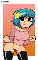 black_panties blue_hair eromelaart fists nails nipple_bulge painted_nails panties ramona_flowers scott_pilgrim smiling sweater sweater_vest thighhighs thong