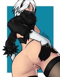 1girls ass blue_eyes bottomless breasts_exposed breasts_out female female_focus female_only gloves looking_at_viewer nier:_automata nipples presenting_hindquarters pussy simple_background stockings vhitradraws white_hair yorha_2b