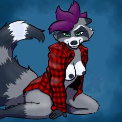 1:1 anthro breasts clothing female fur grey_body grey_fur hair mammal markings misspooks pattern_clothing pattern_shirt pattern_topwear plaid plaid_clothing plaid_shirt plaid_topwear procyonid purple_hair raccoon red_clothing red_shirt red_topwear ring_(marking) ringtail shirt solo tail tail_markings topwear