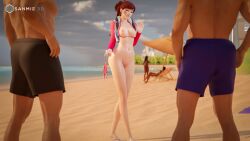 1girls 2boys 3d beach bikini cum_in_pussy d.va exposed_breasts no_panties overwatch overwatch_2 public public_sex sanmie3d tagme teasing vaginal_penetration