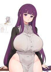 2girls arm_support breasts crotch eating expressionless female fern_(sousou_no_frieren) frieren huge_breasts huge_hips looking_at_viewer multiple_girls navel navel_visible_through_clothes no_panties solo_focus sousou_no_frieren thick_thighs wide_hips