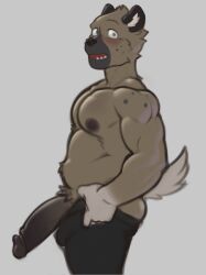 1boy aggressive_retsuko aggretsuko balls big_penis fur furry gay genitals grey_fur haida hunnipanda hyena looking_at_viewer male male_focus male_only meme pants penis penis_out sanrio shirtless smiling tail tight_pants_(meme) topless