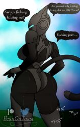 anthro armor armored_female beanontoast big_ass epic_games fortnite fortnite:_battle_royale looking_back looking_back_at_viewer lynx_(fortnite) masturbation presenting_ass solo talking_to_partner text