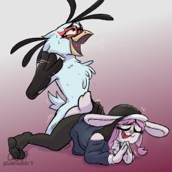 bird bunny_ears bunny_girl bunnygirl doggy_style doggy_style_position furry gamsobart_(artist) nun nun_outfit oc original_character pantyhose praying rabbit rabbit_girl religious_clothing scar secretary_bird shaking sweat sweating