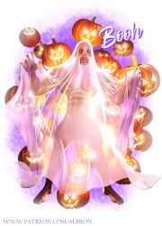 1boy 2023 3d albron bara barazoku costume gay ghost ghost_boy halloween halloween_costume hi_res highres holidays jack-o'-lantern jack_o'_lantern looking_at_viewer male male_focus male_nipples male_only manly muscular_male nipples pumpkin solo solo_male yaoi