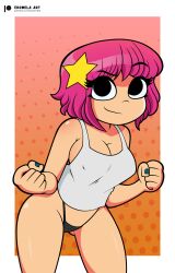 1girls black_panties eromelaart fists nails nipple_bulge painted_nails panties pink_hair ramona_flowers scott_pilgrim smiling tank_top thong