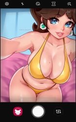 1girls big_breasts big_lips bikini bikini_bottom bikini_top blue_eyes bottomwear breast_focus breasts brown_hair cleavage darkmoney1 ear_piercing earrings female female_only freckles freckles_on_chest freckles_on_face freckles_on_shoulders hair hips huge_breasts lips mario_(series) mole mole_on_breast nintendo phone_screen princess_daisy selfie solo solo_female taking_selfie thick_lips thick_thighs thighs topwear yellow_bikini