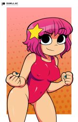 1girls black_panties eromelaart fists leotard nails nipple_bulge one-piece_swimsuit painted_nails panties pink_hair ramona_flowers red_leotard scott_pilgrim smiling swimsuit thong