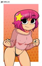 1girls black_panties eromelaart fists nails nipple_bulge painted_nails panties pink_hair ramona_flowers scott_pilgrim smiling sweater sweater_vest thong