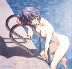 ayanami_rei blue_hair casual female human leaning_forward neon_genesis_evangelion non-web_source nude pale_skin pool pool_ladder poolside red_eyes rei_ayanami shadow short_hair solo sunlight water