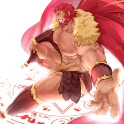 1boy balls bara bara_tits barazoku beard big_balls big_penis boner cock_ring erection facial_hair fate/zero fate_(series) gay hairy hairy_male hi_res highres iskandar_(fate) kalonezhno looking_at_viewer male male_focus male_nipples male_only manly muscular_male nipples penis red_hair solo solo_male uncensored yaoi