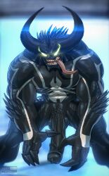 1boy absurd_res alien anthro balls biceps big_penis black_body black_glans black_penis fallen_venom fingers genitals glans glowing glowing_eyes hi_res horn looking_down male male_only markings marvel marvel's_midnight_suns muscular muscular_anthro muscular_male muscular_thighs pecs penis solo spider-man_(series) spikes spikes_(anatomy) symbiote teeth todex tongue tongue_out venom_(marvel) white_body white_markings