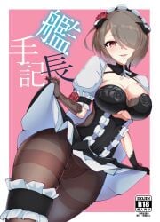 1girls breasts chapa_kari cleavage cover_page dress_lift dress_up fishnet_gloves gloves honkai_(series) honkai_impact_3rd legwear lifted_by_self light_brown_hair looking_at_viewer maid maid_headdress maid_outfit maid_uniform mole mole_under_eye panties panties_visible_through_clothing pink_eyes rita_rossweisse rose short_hair smile solo thighs underwear