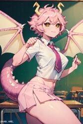 ai_generated aiposter classroom dragon_girl dragon_horns dragon_tail mina_ashido miniskirt my_hero_academia pink_hair school_uniform yellow_eyes