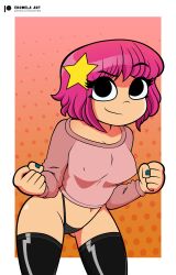 1girls black_panties eromelaart fists nails nipple_bulge painted_nails panties pink_hair ramona_flowers scott_pilgrim smiling sweater sweater_vest thighhighs thong