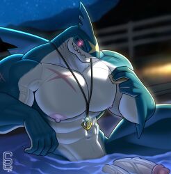 1boy 2_penises abs absurd_res anthro areola arm_fins biceps big_muscles big_pecs blue_body diphallia diphallism fin fingers fish genitals glowing glowing_eyes hi_res holding_object jewelry male male_only marine multi_genitalia multi_penis muscular muscular_male muscular_thighs navel necklace night nipples pecs penis pink_areola red_eyes scar shark sharpedo sitting sitting_in_water sky solard0gg0 solo star starry_sky teeth vein veiny_muscles veiny_penis white_body