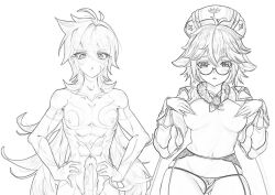 1boy 1girls alchemist breasts drawing erect_penis female garter_straps genshin_impact glasses horny_teyvat_guild lingerie long_hair male mondstadt nerd panties penis razor_(genshin_impact) sucrose_(genshin_impact) teyvat thong wolf_boy