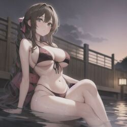 1girls aerith_gainsborough ai_generated anime_style big_ass big_breasts big_butt bikini by_the_pool cartoonish evening female female_only final_fantasy final_fantasy_vii pool solo