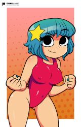 black_panties blue_hair eromelaart fists leotard nails nipple_bulge one-piece_swimsuit painted_nails panties ramona_flowers red_leotard scott_pilgrim smiling swimsuit thong