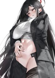 absurdres black_hair black_jacket blazer blue_archive blush breasts breath clothes_pull commentary_request female groin halo hand_on_own_stomach highres huge_breasts jacket long_hair long_sleeves looking_down millennium_science_school_student navel open_clothes open_jacket open_skirt pleated_skirt poharo red_eyes rio_(blue_archive) seminar_(blue_archive) shirt simple_background skirt skirt_pull solo straight_hair very_long_hair white_background white_shirt